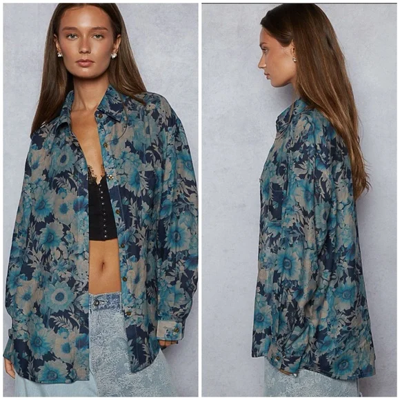 Floral Blue and Gray Button-Up Shirt - Picture 3 of 3